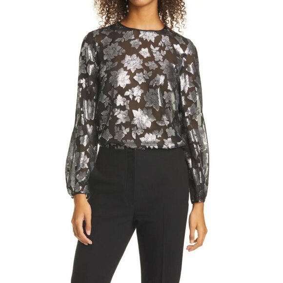 NWT Club Monaco black & silver metallic fibre burnout floral print sheer blouse - Picture 10 of 16
